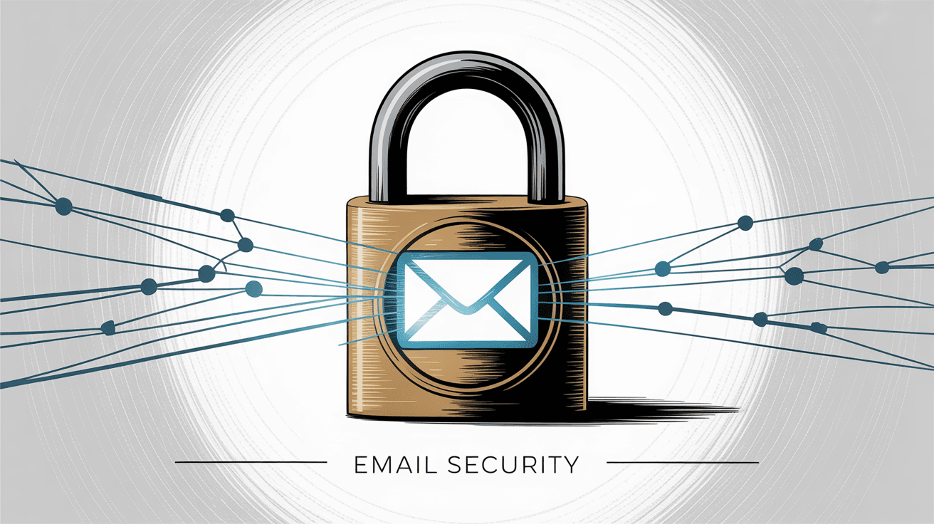Email security and trust illustration showing protected email communication with padlock and network security